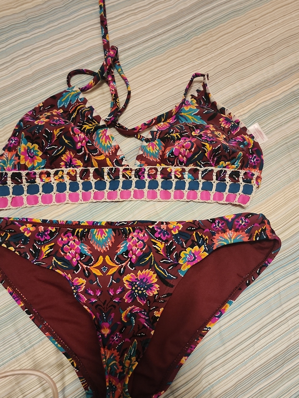 Xhilaration Burgundy Floral Bikini Top with Teal & Pink Accents